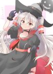  1girl alternate_costume amatsukaze_(kancolle) black_dress black_gloves black_headwear brown_eyes dress gloves grey_hair hair_tubes halloween_costume hat highres kantai_collection long_hair parted_lips puffy_sleeves shizuna_kaede short_sleeves skirt_hold smile smokestack_hair_ornament solo two_side_up witch_hat 
