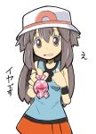  1girl black_wristband brown_eyes brown_hair candy food hair_between_eyes hand_up hat highres leaf_(pokemon) open_mouth pokemon pokemon_(game) pokemon_frlg rascal_(feuille) red_skirt simple_background skirt smile solo white_background white_headwear wristband 