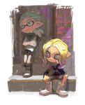  2boys against_wall aqua_eyes aqua_hair black_shorts blonde_hair brick_wall cheek_rest crossed_arms graffiti green_neckerchief grey_shorts hair_down highres inkling inkling_boy jacket low_ponytail milifeimili multiple_boys neckerchief octoling octoling_boy pointy_ears purple_pupils road shirt shoes short_ponytail short_sleeves shorts sidewalk sitting sneakers splatoon_(series) splatoon_3 street striped striped_jacket t-shirt tentacle_hair 