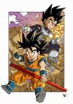  2boys armor black_hair black_jumpsuit blue_footwear blue_shirt boots border clenched_hand dragon_ball gloves h highres holding holding_staff jumpsuit kakeru_(dbskakeru) looking_at_another multiple_boys open_mouth orange_jumpsuit purple_sky rock shirt short_sleeves sky son_goku spiky_hair staff teeth toriyama_akira_(style) vegeta white_border white_footwear white_gloves 