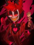  1boy 55mo3 alastor_(hazbin_hotel) blood blood_splatter bow bowtie brooch cane colored_sclera contract demon demon_boy formal grin hazbin_hotel highres holding holding_cane jacket jewelry male_focus monocle paper red_background red_eyes red_sclera red_theme redhead sharp_teeth simple_background smile splatter_background suit teeth yellow_teeth 