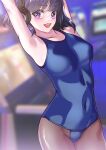  1girl absurdres arion_canvas bishoujo_senshi_sailor_moon black_hair blunt_bangs blunt_ends breasts highres lips medium_breasts short_hair smile solo swimsuit tomoe_hotaru violet_eyes 