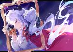  1girl absurdres alternate_costume blue_archive blush cloak crown demon_horns floating_hair from_side grey_hair halo highres hina_(blue_archive) holding holding_crown horns looking_at_viewer meunhongcha mini_crown picture_frame red_cloak shirt sideways_glance solo upper_body violet_eyes white_shirt 
