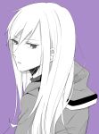  1girl absurdres commentary from_side greyscale_with_colored_background hair_between_eyes highres hood hood_down hoodie kagerou_project kido_tsubomi long_hair looking_at_viewer looking_to_the_side parted_lips saitou_shiori_(pixiv14549321) serious shirt simple_background solo 