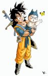  2boys baby bib black_footwear black_hair blue_eyes blue_headwear blue_shirt boots bug butterfly child dragon_ball dragon_ball_z full_body hat highres jumpsuit kakeru_(dbskakeru) looking_at_another male_focus multiple_boys open_mouth orange_jumpsuit sheath sheathed shirt short_sleeves simple_background son_gohan sword sword_on_back toriyama_akira_(style) trunks_(dragon_ball) weapon weapon_on_back white_background white_shirt yellow_butterfly 