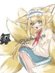  1girl absurdres animal_ears arknights artist_name black_cat blonde_hair blue_hairband blue_skirt cardigan cat commentary_request crossover fox_ears fox_girl fox_tail frilled_hairband frills green_eyes hair_between_eyes hairband highres kitsune kyuubi long_sleeves luo_xiaohei luo_xiaohei_zhanji multiple_tails neck_ribbon official_alternate_costume open_mouth puffy_long_sleeves puffy_sleeves red_ribbon ribbon simple_background skirt suzuran_(arknights) suzuran_(spring_praise)_(arknights) tail twitter_username wachi_(wachi_yo) white_background yellow_cardigan 