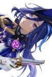  1girl antique_firearm ascot black_bow blue_ascot blue_cape blue_hair blue_headwear bow cape clorinde_(genshin_impact) closed_mouth commentary_request dark_blue_hair drop_earrings earrings electricity epaulettes facing_to_the_side genshin_impact gloves gun hair_between_eyes hair_bow hand_up hat highres holding holding_gun holding_weapon jewelry long_hair low_ponytail shirt sideways solo sushi_gnsn tricorne upper_body violet_eyes vision_(genshin_impact) weapon white_background white_gloves white_shirt 