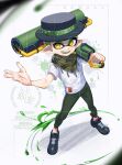 1boy artist_name black_footwear black_headwear carbon_roller_(splatoon) commentary commission green_pants green_shawl hat highres inkling inkling_boy jinkobanana open_mouth paint paint_roller pants sample_watermark shirt shoes smile solo splatoon_(series) symbol-only_commentary teeth watermark white_background white_shirt yellow_eyes 
