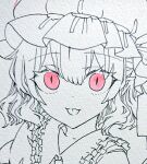  1girl chaka3464 close-up collarbone collared_shirt flandre_scarlet frilled_shirt_collar frills hair_between_eyes hat looking_at_another making-of medium_hair mob_cap one_side_up pointy_ears red_eyes shirt solo spot_color touhou traditional_media 