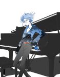  1boy absurdres belt black_pants blue_hair blue_shirt earrings grey_eyes hair_between_eyes highres instrument j0h_(j000h3) jewelry necklace otogami_sorachika pale_skin pants piano pppppp shirt sleeves_past_wrists solo standing 