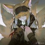  1girl animal_ears arknights artist_name black_scarf black_shorts black_sleeves blonde_hair brandybuck closed_eyes closed_mouth expressionless facing_viewer feet_out_of_frame flower fox_ears fox_girl fox_tail goggles goggles_on_head grey_shirt highres holding holding_flower knees_up lily_of_the_valley long_hair multiple_tails name_connection object_namesake scarf shirt shorts sidelocks sitting solo suzuran_(arknights) suzuran_(lostlands_flowering)_(arknights) tail torn_clothes torn_shorts 