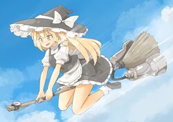  1girl apron arnest black_headwear black_skirt black_vest blonde_hair blush bow braid broom broom_riding commission frilled_apron frilled_skirt frills hat hat_bow kirisame_marisa long_hair open_mouth short_sleeves single_braid skeb_commission skirt smile socks solo touhou vest waist_apron white_apron white_bow white_socks witch_hat yellow_eyes 