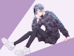  1boy black_hair black_pants blue_hair brown_eyes floyd_leech grey_jacket hair_between_eyes heterochromia highres jacket jijii_(chang_g) long_sleeves multicolored_hair pants shoes short_hair solo twisted_wonderland white_footwear yellow_eyes 