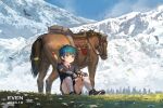  1boy artist_name bird blue_eyes blue_hair child dated even1672 fingerless_gloves gloves highres horse male_focus mountainous_horizon on_grass on_ground original saddle shorts solo sweater_vest sword tree weapon 