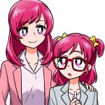  2girls :o blazer bright_pupils closed_mouth dress_shirt dual_persona glasses grey_jacket hair_ribbon hand_on_another&#039;s_shoulder highres jacket kibou_no_chikara_~otona_precure_&#039;23~ looking_at_another medium_hair multiple_girls open_mouth pink_hair pink_jacket precure precure_all_stars_new_stage_3:_eien_no_tomodachi red-framed_eyewear ribbon shirai_keita shirt simple_background smile time_paradox two_side_up violet_eyes white_background white_pupils white_shirt yellow_ribbon yes!_precure_5 yumehara_nozomi 