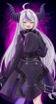  1girl absurdres ahoge braid coat fang grey_hair highres hololive horns la+_darknesss la+_darknesss_(1st_costume) long_sleeves looking_at_viewer multicolored_hair open_mouth pointy_ears purple_background purple_coat purple_hair single_braid sleeves_past_fingers sleeves_past_wrists smile solo streaked_hair varo_006 virtual_youtuber yellow_eyes 