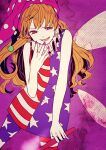  1girl american_flag_dress american_flag_legwear arai_ako bare_shoulders blonde_hair clownpiece dress fairy_wings highres holding holding_torch long_hair looking_at_viewer multicolored_clothes polka_dot_headwear purple_background purple_headwear purple_nails red_eyes smile solo star_(symbol) star_print striped striped_dress torch touhou wings 