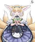  1girl :d absurdres animal_ear_fluff animal_ears apron arknights bare_shoulders blonde_hair blue_hairband blush bouquet braid closed_eyes commentary english_commentary facing_viewer flower fox_ears fox_girl fox_tail hair_rings hairband highres holding holding_bouquet infection_monitor_(arknights) kitsune lily_of_the_valley multicolored_hair name_connection object_namesake oripathy_lesion_(arknights) pink_flower pleated_skirt purple_skirt rylaera shirt signature simple_background skirt smile solo suzuran_(arknights) tail twin_braids two-tone_hair white_apron white_background white_flower white_hair white_shirt 