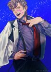  1boy :d adjusting_clothes adjusting_necktie amaguni_hitoya belt black_pants blue_background brown_hair chain dated facial_hair green_eyes grey_shirt hypnosis_mic jacket looking_at_viewer male_focus necktie pants red_necktie shirt shunkashuntou smile solo stubble suspenders watch watch 