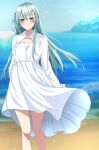  1girl absurdres alternate_costume aqua_hair beach dress feet_out_of_frame green_eyes grin highres horizon kantai_collection long_hair nitamako_(sakamalh) ocean smile solo suzuya_(kancolle) white_dress 