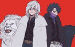  2boys ametaro_(ixxxzu) black_hair black_panther black_shirt blue_eyes boku_no_hero_academia burn_scar cheek_piercing coat dabi_(boku_no_hero_academia) fur_coat grey_hair highres lion male_focus medium_hair multiple_boys multiple_scars red_background red_eyes scar scar_on_face shigaraki_tomura shirt short_hair simple_background spiky_hair staple stapled wrinkled_skin 