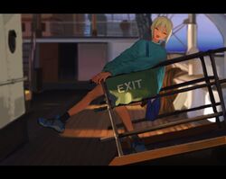  1girl bag black_socks blue_sweater closed_eyes facing_viewer grey_hair highres idolmaster idolmaster_cinderella_girls leaning_back letterboxed open_mouth outdoors shioda_(shioda_5) shiomi_syuko ship ship_deck shoes short_hair shoulder_bag smile sneakers socks solo standing standing_on_one_leg sweater watercraft 