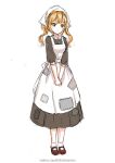  1girl alternate_costume apron blonde_hair breasts brown_dress brown_footwear closed_mouth commentary_request dress enmaided full_body girls_frontline korean_commentary long_dress long_hair maid maid_apron mary_janes medium_breasts own_hands_together patch shoes short_sleeves short_socks simple_background socks solo standing sten_mkii_(girls&#039;_frontline) third-party_source twintails victorian_maid web_address weibo_username white_apron white_background white_socks yellow_eyes zhenming 