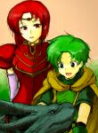  1boy 1girl :d anetan cape circlet commentary_request dragon fire_emblem fire_emblem:_the_binding_blade green_eyes green_hair highres lugh_(fire_emblem) melady_(fire_emblem) open_mouth partial_commentary red_armor red_eyes redhead short_hair smile tryffin_(fire_emblem) yellow_cape 