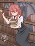  1girl black_skirt black_vest blush book book_stack character_name collared_shirt commentary_request demon_girl demon_wings fang feet_out_of_frame flying grey_wings hair_between_eyes head_wings highres holding holding_book koakuma kuri_dora library long_bangs long_hair looking_at_viewer open_mouth red_eyes redhead shirt sidelocks skirt skirt_set sleeves_rolled_up solo touhou vest white_shirt wings 