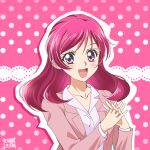  1girl :d artist_name blazer commentary cure_nico dress_shirt highres interlocked_fingers jacket kibou_no_chikara_~otona_precure_&#039;23~ long_sleeves looking_at_viewer medium_hair open_mouth outline own_hands_together pink_background pink_jacket polka_dot polka_dot_background precure shirt smile solo upper_body violet_eyes white_outline white_shirt yes!_precure_5 yumehara_nozomi 