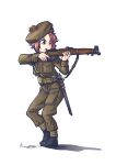  1girl absurdres aiming bayonet belt beret black_footwear blunt_ends bolt_action boots breast_pocket british_army brown_hair brown_headwear brown_jacket brown_pants commentary finger_on_trigger gaiters gun gun_sling hat hat_ornament highres holding holding_gun holding_weapon jacket lee-enfield long_sleeves looking_to_the_side military military_hat military_uniform one_eye_closed original pants pocket pom_pom_(clothes) rifle shadow sheath sheathed short_hair sidelocks simple_background soldier solo standing uniform united_kingdom warriordesu weapon white_background world_war_ii 