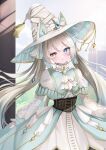  1girl ascot blonde_hair blue_eyes blue_gemstone blush brown_corset commission copyright_request corset dress gem hat heterochromia highres kurage_cc long_hair skeb_commission smile solo twintails very_long_hair white_ascot white_headwear witch_hat yellow_eyes 