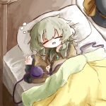  bed black_headwear blanket bow buttons closed_eyes collared_shirt diamond_button eyeball frilled_shirt_collar frilled_sleeves frills green_hair hat hat_bow hat_ribbon heripantomorrow komeiji_koishi long_sleeves medium_hair open_mouth pillow ribbon shirt sleeping third_eye touhou unworn_hat unworn_headwear wavy_hair wide_sleeves yellow_bow yellow_ribbon yellow_shirt 