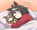  1girl ahoge animal_ears bed blanket blush character_doll closed_eyes hair_ornament horse_ears hugging_doll hugging_object kitasan_black_(umamusume) long_sleeves multicolored_hair oishi_oiru pillow red_shirt satono_diamond_(umamusume) shirt short_hair sleeping smile solo streaked_hair translated umamusume under_covers 