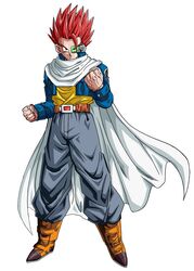  1boy baggy_pants belt blue_jacket boots cape dragon_ball dragon_ball_xenoverse full_body grey_pants highres jacket mirai_senshi pants redhead scouter shirt simple_background solo spiky_hair white_background white_cape yellow_shirt 