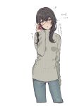  1girl :o adjusting_eyewear alternate_costume arm_at_side black_hair breasts cevio denim glasses green_eyes grey_sweater hanakuma_chifuyu hand_up highres jeans light_blush long_hair long_sleeves looking_at_viewer pants simple_background sleep_bubble sleeves_past_wrists small_breasts solo standing sweater synthesizer_v teshima_nari translation_request white_background 