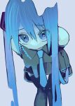  1girl arms_behind_back bare_shoulders black_thighhighs blending blue_eyes blue_hair blue_necktie closed_mouth collared_shirt commentary detached_sleeves eyes_visible_through_hair feet_out_of_frame grey_background grey_shirt hair_between_eyes hair_ornament hatsune_miku highres leaning_forward long_hair looking_at_viewer melting miniskirt necktie pleated_skirt shirt simple_background skirt sleeveless sleeveless_shirt solo standing symbol-only_commentary thigh-highs twintails urokogaran very_long_hair vocaloid 