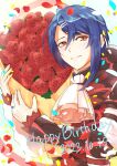  1boy alcryst_(fire_emblem) ascot asymmetrical_hair blue_hair bouquet fire_emblem fire_emblem_engage flower hair_between_eyes hair_ornament hairclip happy_birthday holding holding_bouquet long_sleeves looking_at_viewer red_eyes red_flower red_rose rose short_hair smile solo unkmantare white_ascot 