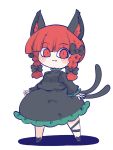  1girl :3 animal_ears ankle_ribbon black_bow black_footwear black_ribbon black_shirt black_skirt blunt_bangs blush bow cat_ears cat_girl cat_tail chahan_(fried_rice0614) chibi collar commentary fang footwear_bow frilled_collar frilled_skirt frills full_body hair_bow highres kaenbyou_rin leg_ribbon long_sleeves looking_at_viewer multiple_tails neck_ribbon puffy_sleeves red_eyes red_ribbon redhead ribbon ribbon-trimmed_sleeves ribbon_trim shadow shirt short_hair simple_background skirt skirt_set solo spread_fingers standing tail touhou twintails two_tails white_background 