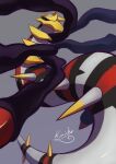 absurdres black_sclera colored_sclera commentary_request giratina giratina_(origin) grey_background highres horns kaichi_(tomiyu25) no_humans pokemon pokemon_(creature) red_eyes signature simple_background solo spikes 