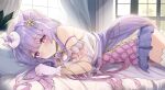  1girl bed commentary commission dress gloves hair_ornament indie_virtual_youtuber kiyuse_fia kurage_cc long_hair pillow pink_eyes purple_hair skeb_commission solo star_(symbol) star_hair_ornament symbol-only_commentary virtual_youtuber white_gloves 