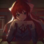  breasts brown_hair brown_vest chinese_commentary closed_mouth collared_shirt commentary_request doki_doki_literature_club film_grain gao_tongren_wanjiebufu green_eyes grey_jacket hair_ribbon highres indoors jacket long_hair long_sleeves looking_at_viewer monika_(doki_doki_literature_club) neck_ribbon own_hands_together red_ribbon ribbon shirt small_breasts smile vest white_ribbon white_shirt 