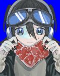  1girl black_hair black_nails blue_background blue_eyes closed_mouth commentary food goggles goggles_on_head hair_between_eyes headphones highres holding holding_food long_sleeves looking_at_viewer nail_polish original raw_meat simple_background solo sparkling_eyes sweat two_side_up upper_body urokogaran 