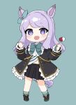  1girl :d animal_ears black_footwear black_jacket black_skirt blue_background blue_bow blue_ribbon blue_socks blush boots bow chibi commentary_request cream ear_ribbon food fork frilled_jacket frilled_sleeves frills fruit full_body highres holding holding_fork horse_ears horse_girl horse_tail jacket long_sleeves looking_at_viewer nozo_(hitomiz) pleated_skirt purple_hair ribbon short_eyebrows simple_background skirt sleeves_past_wrists smile socks solo standing strawberry swept_bangs tail teeth thick_eyebrows umamusume upper_teeth_only violet_eyes 