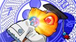  agumon_hakase artist_request digimoji digimon digimon_(creature) eye_reflection glowing hat holding holding_orb lab_coat mortarboard no_humans official_art orb reflection sleeves_past_fingers sleeves_past_wrists x-antibody 