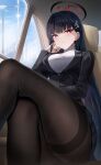  1girl absurdres black_hair black_pantyhose blue_archive breasts hair_ornament hairpin halo highres large_breasts li_se long_hair looking_at_viewer pantyhose red_eyes rio_(blue_archive) solo 