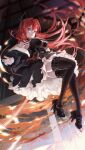  1girl absurdres arknights bare_shoulders black_dress black_footwear black_pantyhose breasts chest_strap closed_mouth demon_girl demon_horns dress high_heels highres horns large_breasts long_hair pantyhose redhead solo surtr_(arknights) thigh_strap violet_eyes xianyu_guguzi 