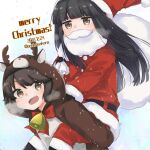  2girls animal_costume animal_hood aoshima_sakana bell black_gloves blunt_bangs bow breath brown_eyes brown_hair carrying christmas dated fake_facial_hair fake_mustache gloves hat hatsuyuki_(kancolle) holding holding_sack hood kantai_collection long_hair merry_christmas miyuki_(kancolle) multiple_girls open_mouth pants piggyback red_bow sack santa_costume santa_hat short_hair twitter_username 