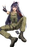  1girl absurdres bangom_r belt black_footwear bow commission cosplay date_a_live fingerless_gloves gloves hair_bow highres long_hair metal_gear_(series) metal_gear_solid_v:_the_phantom_pain military military_uniform ponytail purple_hair simple_background solo uniform v venom_snake venom_snake_(cosplay) white_background yatogami_tooka 