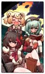  3girls =_= animal_ears aqua_hair arknights armband bear_ears bear_girl black_jacket black_shirt blonde_hair book border breasts brown_footwear brown_hair brown_jacket brown_sailor_collar brown_skirt burger candy_hair_ornament cellphone closed_eyes clouds collared_shirt commentary_request eating feet_out_of_frame food food-themed_hair_ornament french_fries fur-trimmed_jacket fur_trim green_eyes green_necktie gummy_(arknights) hair_ornament highres hill istina_(arknights) jacket kado_(hametunoasioto) legs_apart loafers lollipop_hair_ornament looking_at_phone looking_down medium_breasts monocle multicolored_hair multiple_girls neckerchief necktie open_book open_mouth outdoors phone pleated_skirt reading red_neckerchief redhead sailor_collar shirt shoes short_hair skirt socks streaked_hair sunset two_side_up upper_body wcdonald&#039;s white_neckerchief white_shirt white_socks yoru_mac zima_(arknights) 